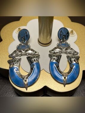 Edgar Berebi Silver-Tone Blue Enamel pierced Drop Earrings vintage